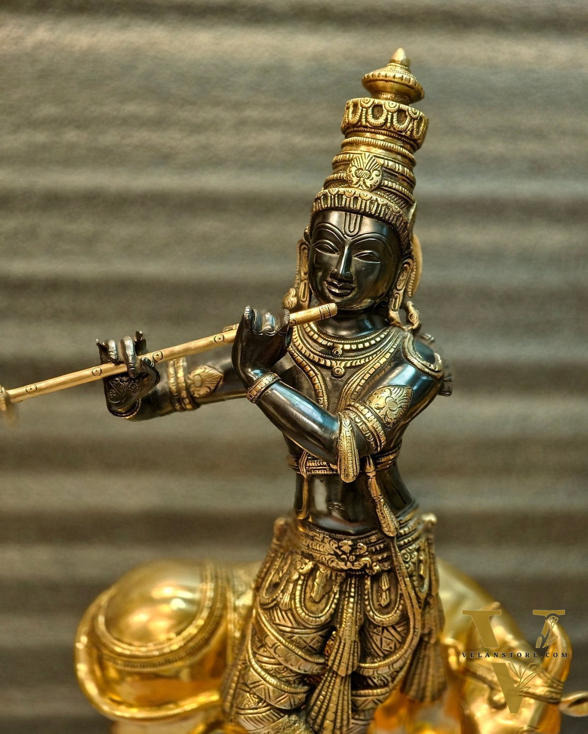 Brass Superfine Krishna With Cow Sculpture - Handcrafted Brass, 25.5" Tall, 26kg