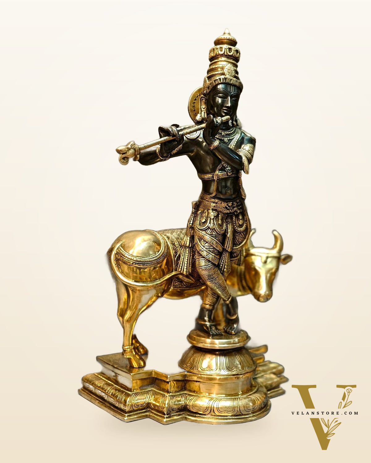 Brass Superfine Krishna With Cow Sculpture - Handcrafted Brass, 25.5" Tall, 26kg