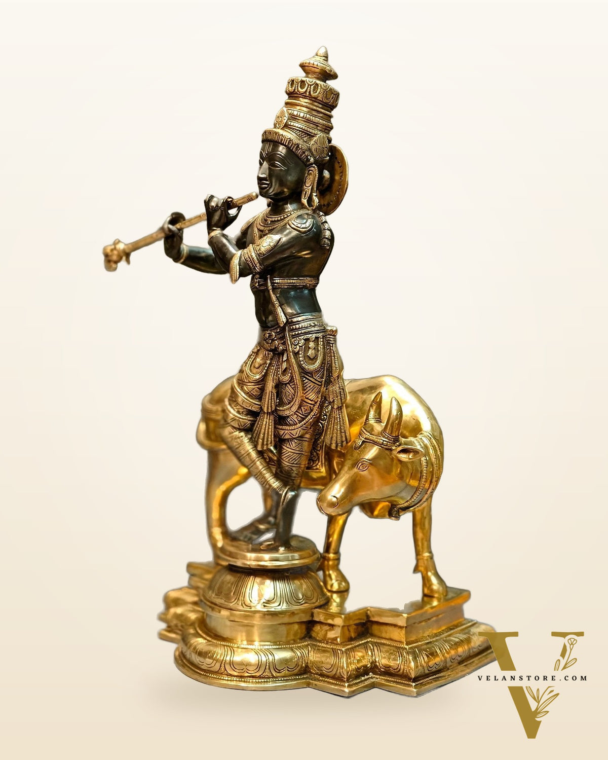Brass Superfine Krishna With Cow Sculpture - Handcrafted Brass, 25.5" Tall, 26kg