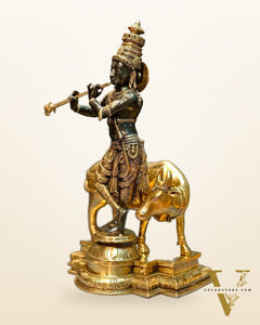 Brass Superfine Krishna With Cow Sculpture - Handcrafted Brass, 25.5" Tall, 26kg