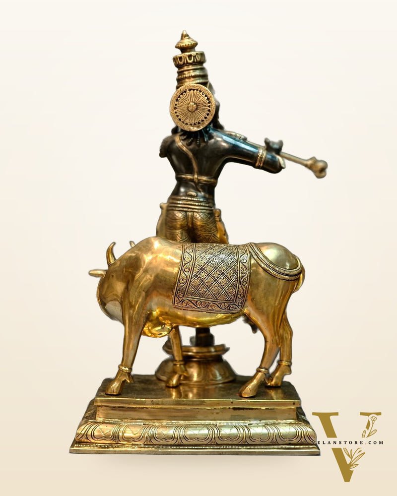 Brass Superfine Krishna With Cow Sculpture - Handcrafted Brass, 25.5" Tall, 26kg