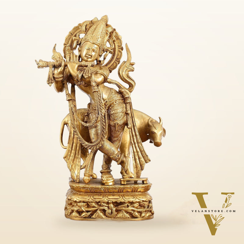 Brass Superfine Krishna with Cow Statue | Divine Elegance | Height 24 Inch