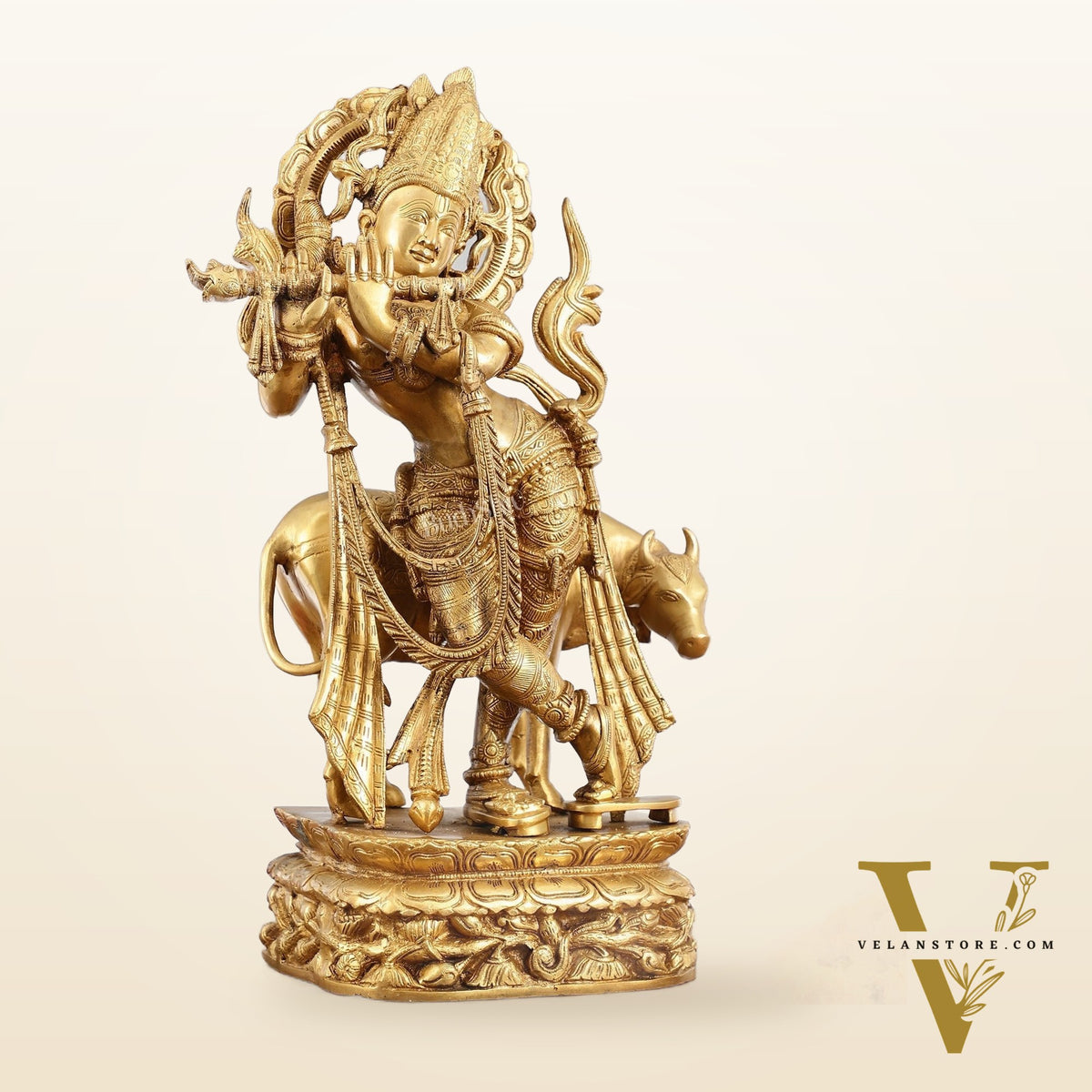 Brass Superfine Krishna with Cow Statue | Divine Elegance | Height 24 Inch