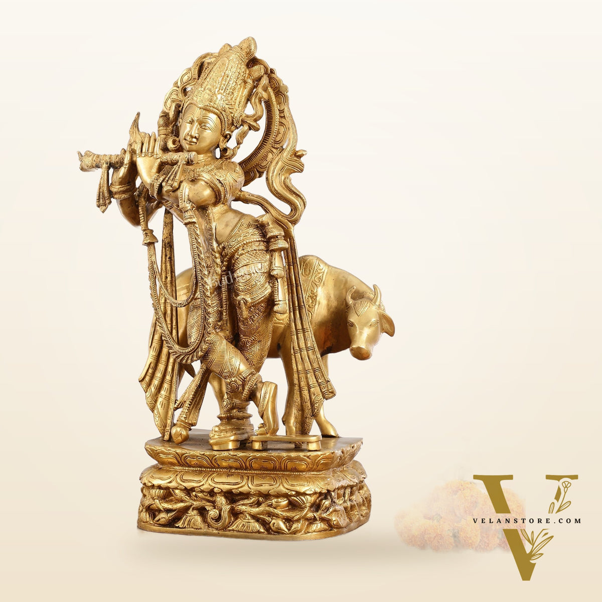 Brass Superfine Krishna with Cow Statue | Divine Elegance | Height 24 Inch