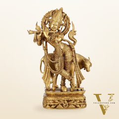 Brass Superfine Krishna with Cow Statue | Divine Elegance | Height 24 Inch
