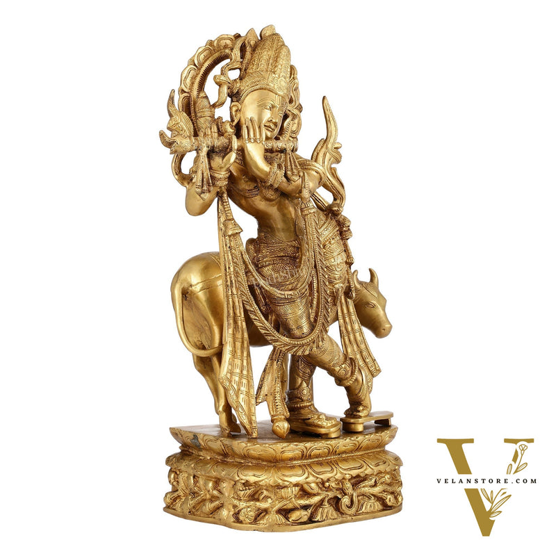 Brass Superfine Krishna with Cow Statue | Divine Elegance | Height 24 Inch