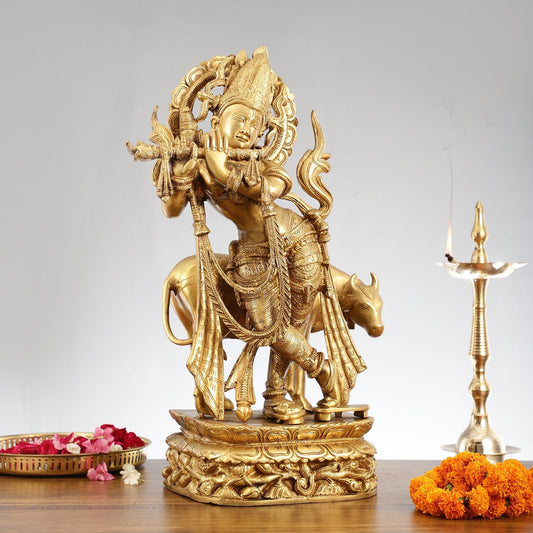 Brass Superfine Krishna with Cow Statue | Divine Elegance | Height 24 Inch