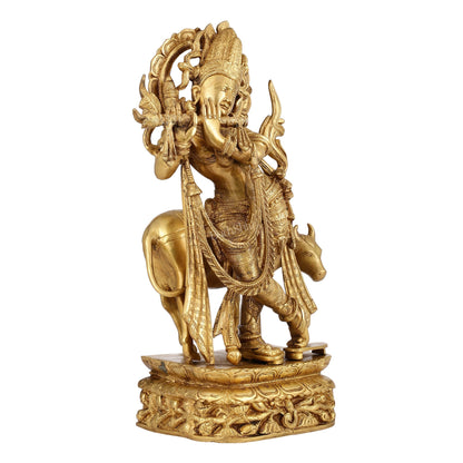 Brass Superfine Krishna with Cow Statue | Divine Elegance | Height 24 Inch