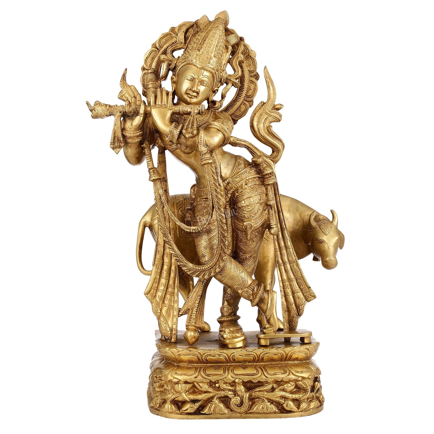 Brass Superfine Krishna with Cow Statue | Divine Elegance | Height 24 Inch