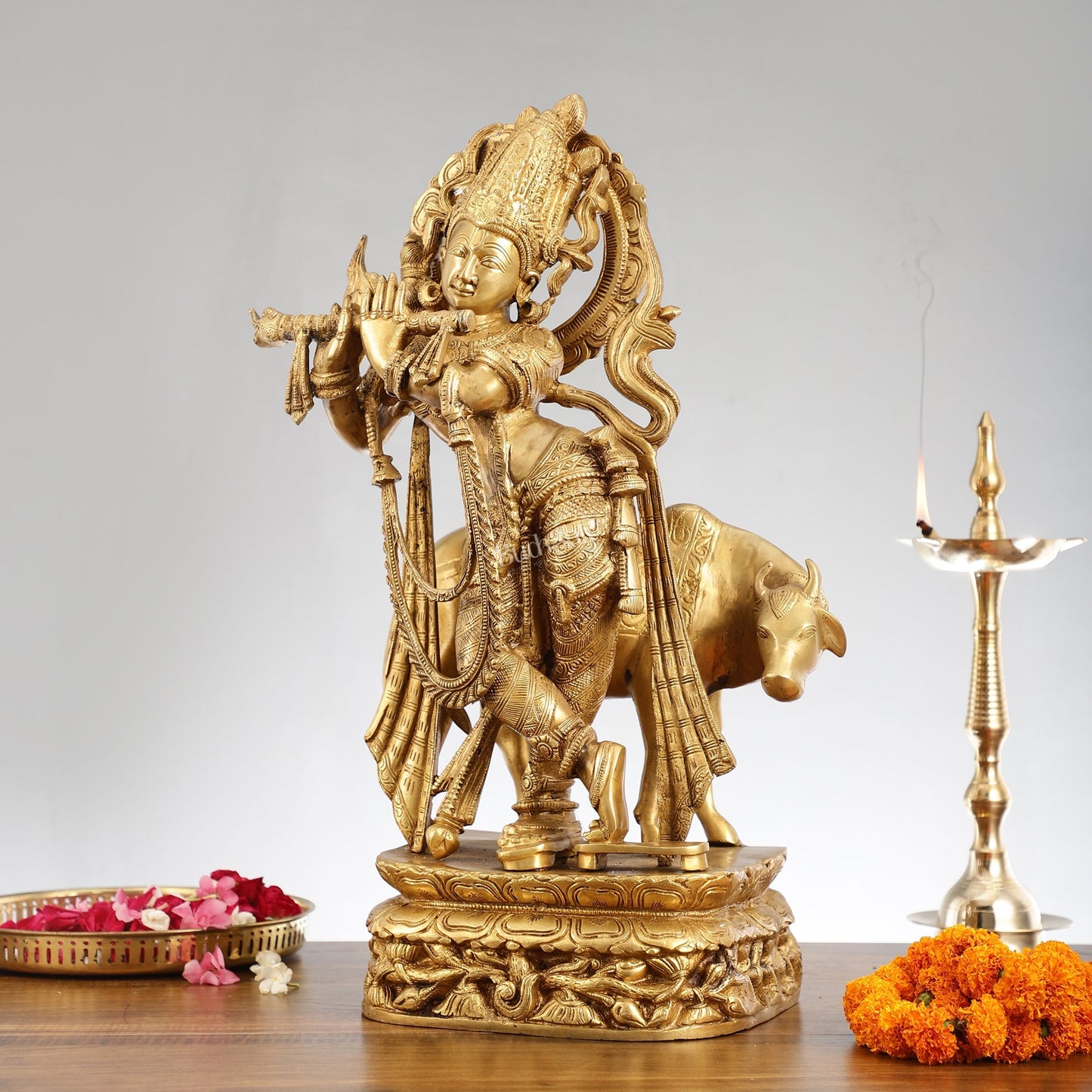 Brass Superfine Krishna with Cow Statue | Divine Elegance | Height 24 Inch