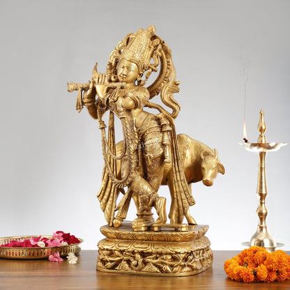 Brass Superfine Krishna with Cow Statue | Divine Elegance | Height 24 Inch