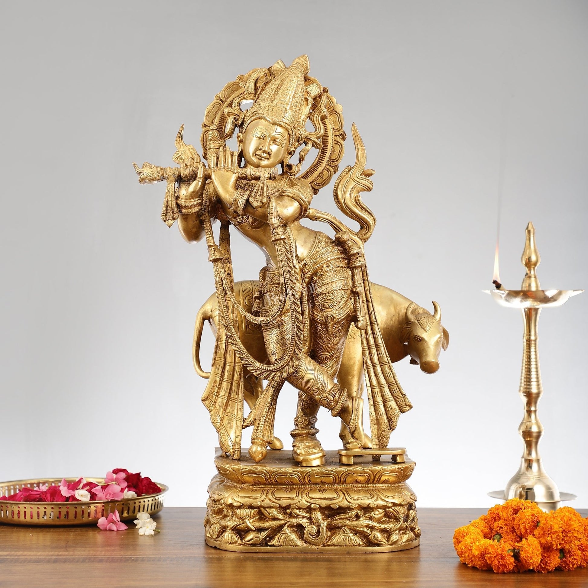 Brass Superfine Krishna with Cow Statue | Divine Elegance | Height 24 Inch