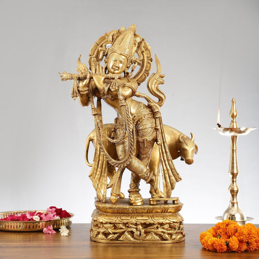 Brass Superfine Krishna with Cow Statue | Divine Elegance | Height 24 Inch
