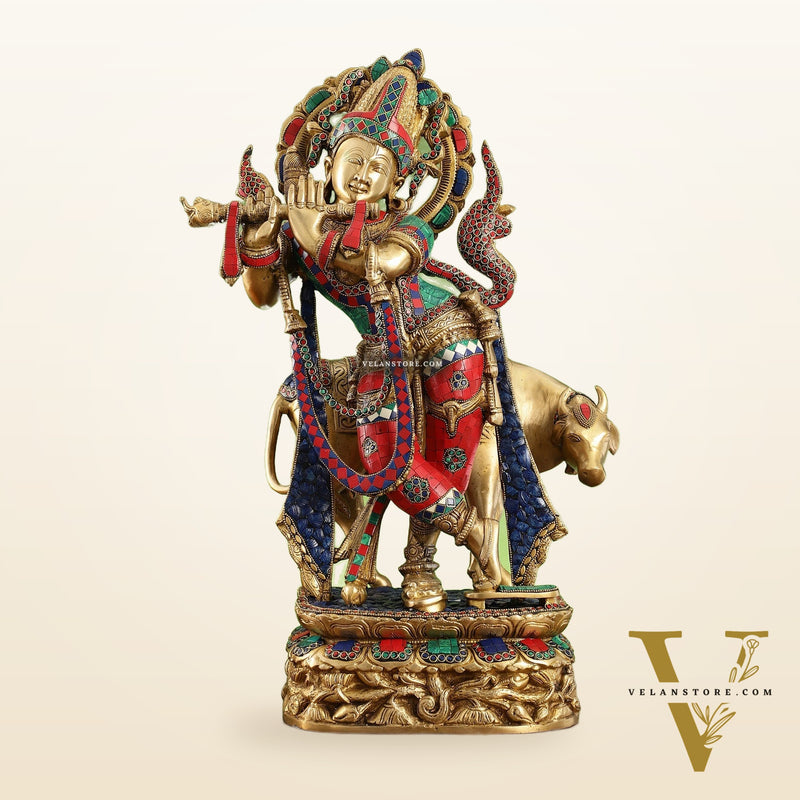 Brass Superfine Krishna with Cow Statue | with stonework | Height 24 Inch