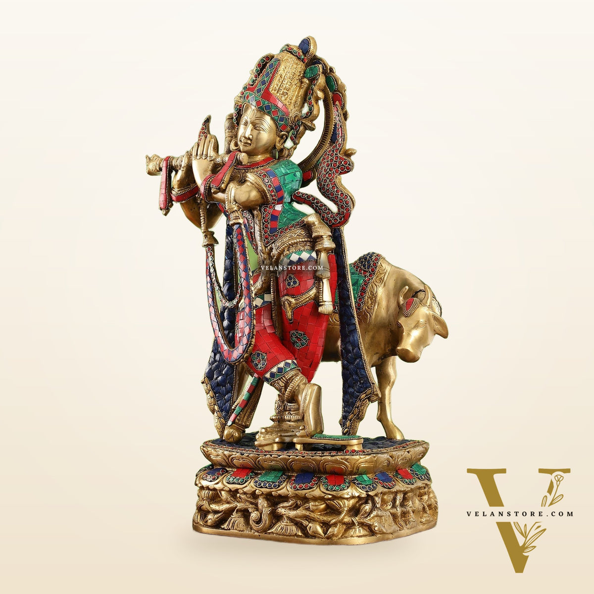 Brass Superfine Krishna with Cow Statue | with stonework | Height 24 Inch