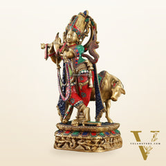 Brass Superfine Krishna with Cow Statue | with stonework | Height 24 Inch