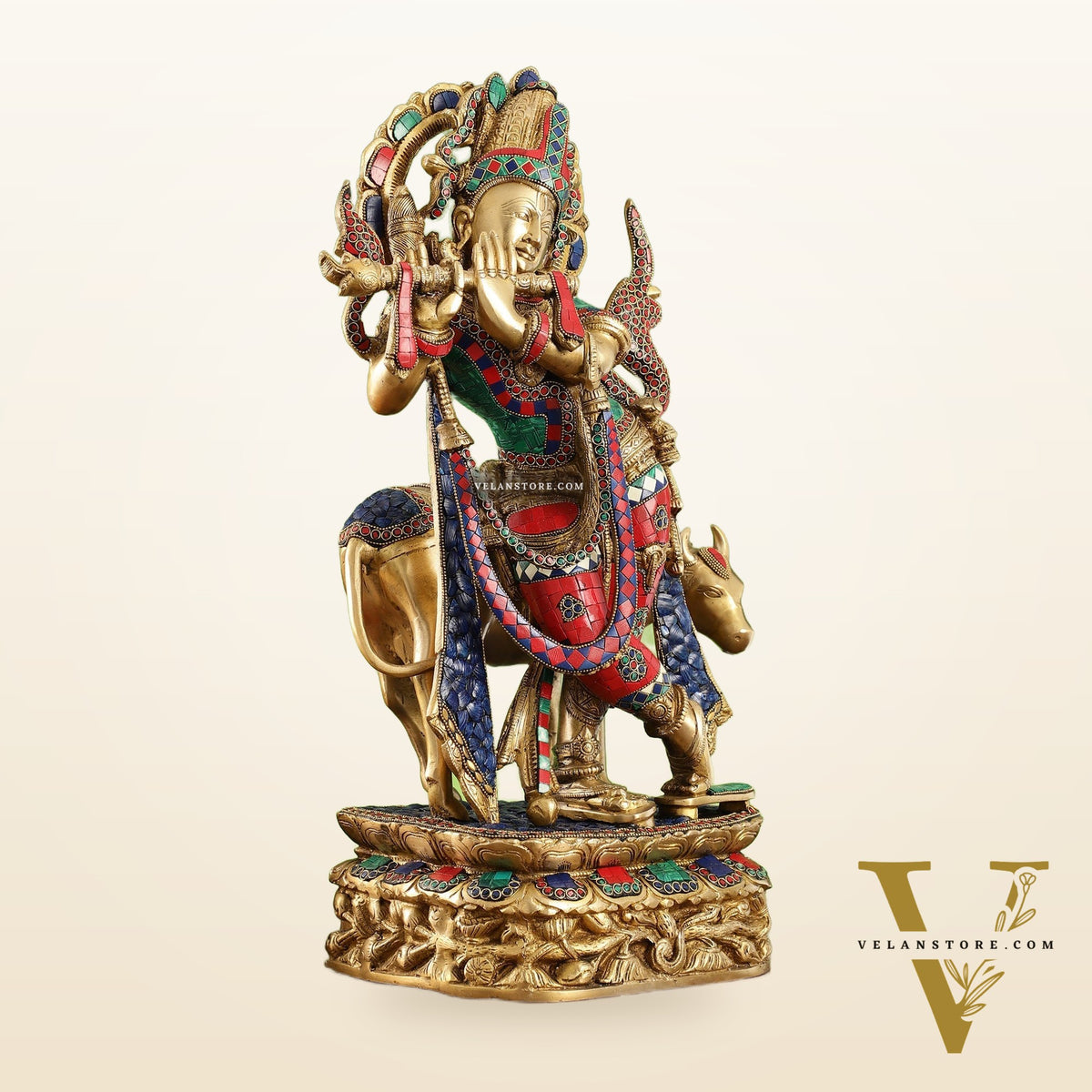 Brass Superfine Krishna with Cow Statue | with stonework | Height 24 Inch