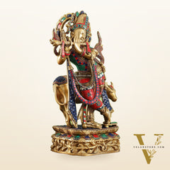 Brass Superfine Krishna with Cow Statue | with stonework | Height 24 Inch