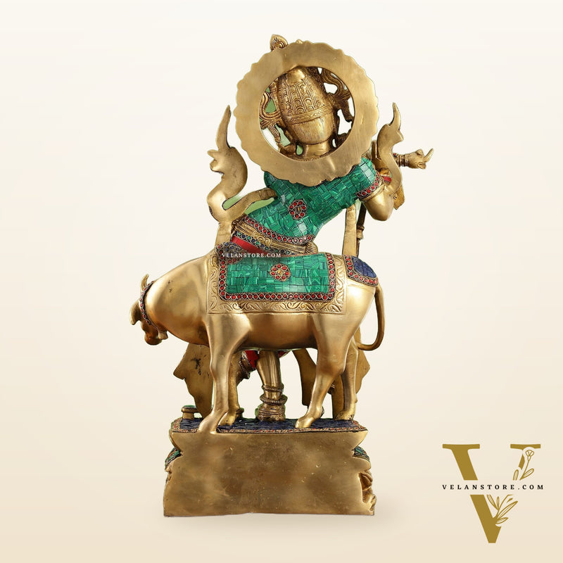 Brass Superfine Krishna with Cow Statue | with stonework | Height 24 Inch