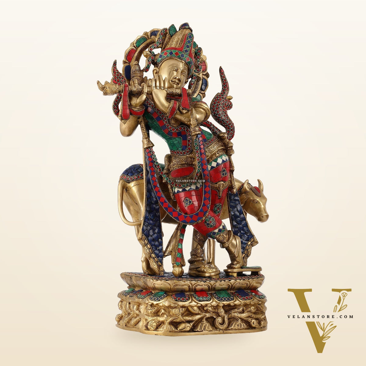 Brass Superfine Krishna with Cow Statue | with stonework | Height 24 Inch