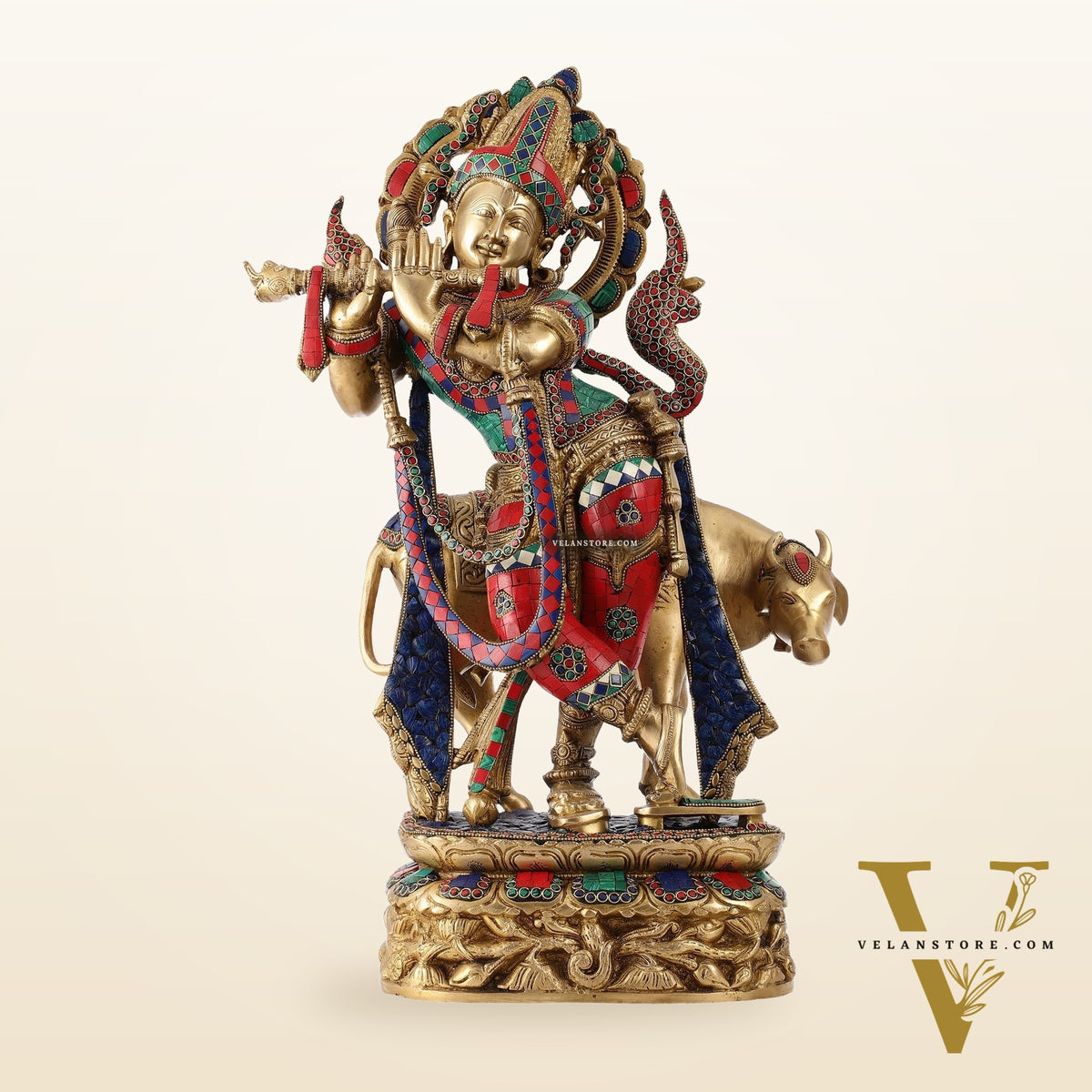 Brass Superfine Krishna with Cow Statue | with stonework | Height 24 Inch