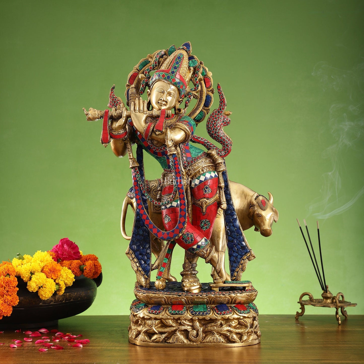 Brass Superfine Krishna with Cow Statue | with stonework | Height 24 Inch