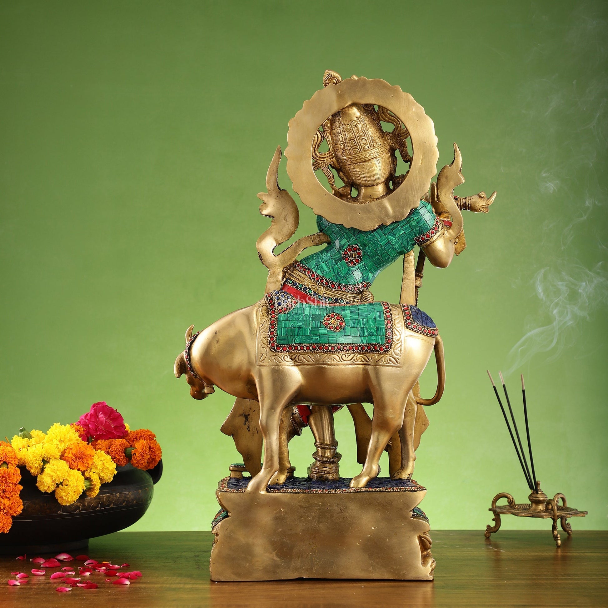 Brass Superfine Krishna with Cow Statue | with stonework | Height 24 Inch