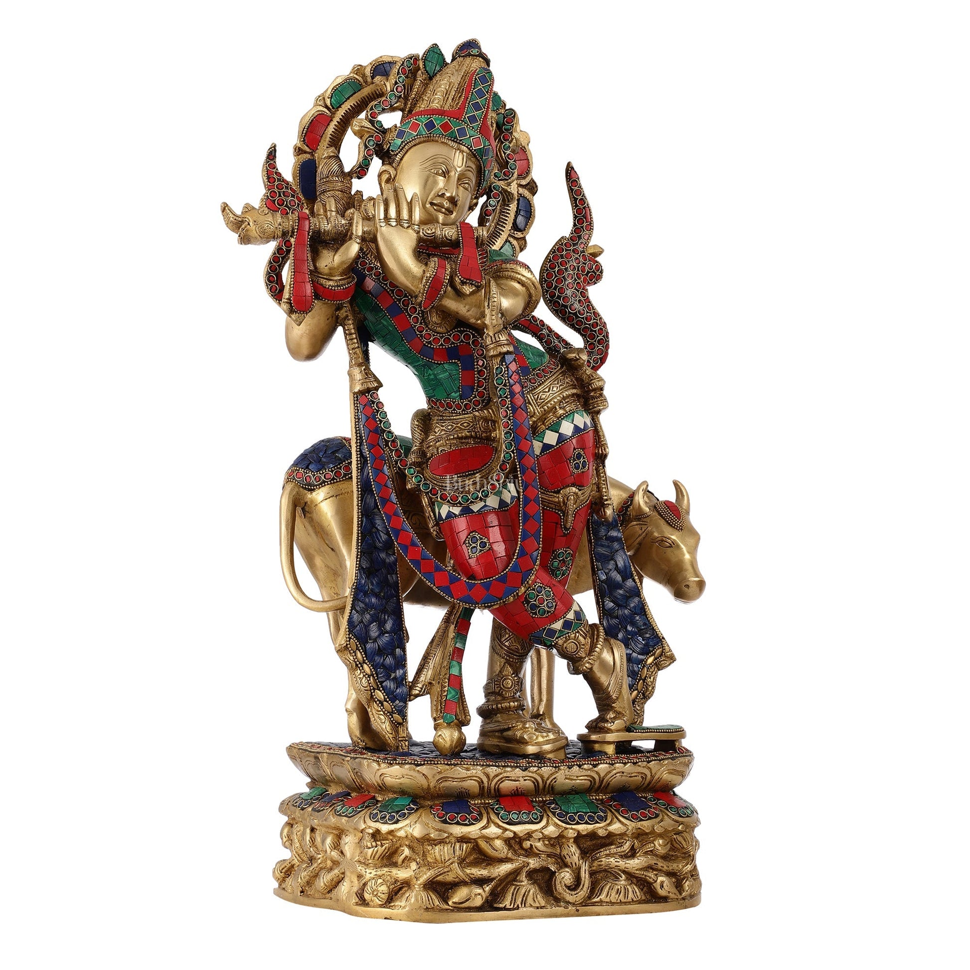 Brass Superfine Krishna with Cow Statue | with stonework | Height 24 Inch