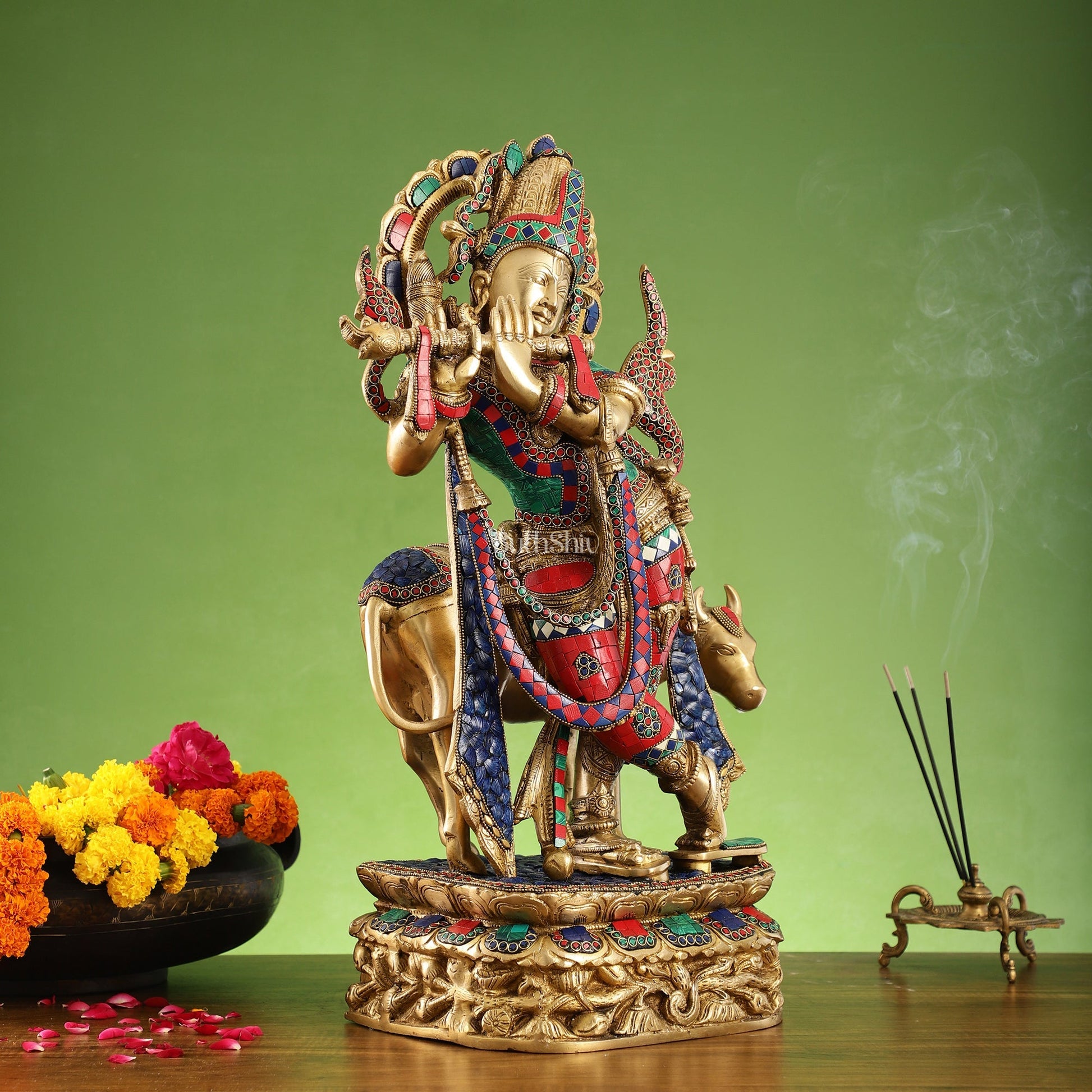 Brass Superfine Krishna with Cow Statue | with stonework | Height 24 Inch