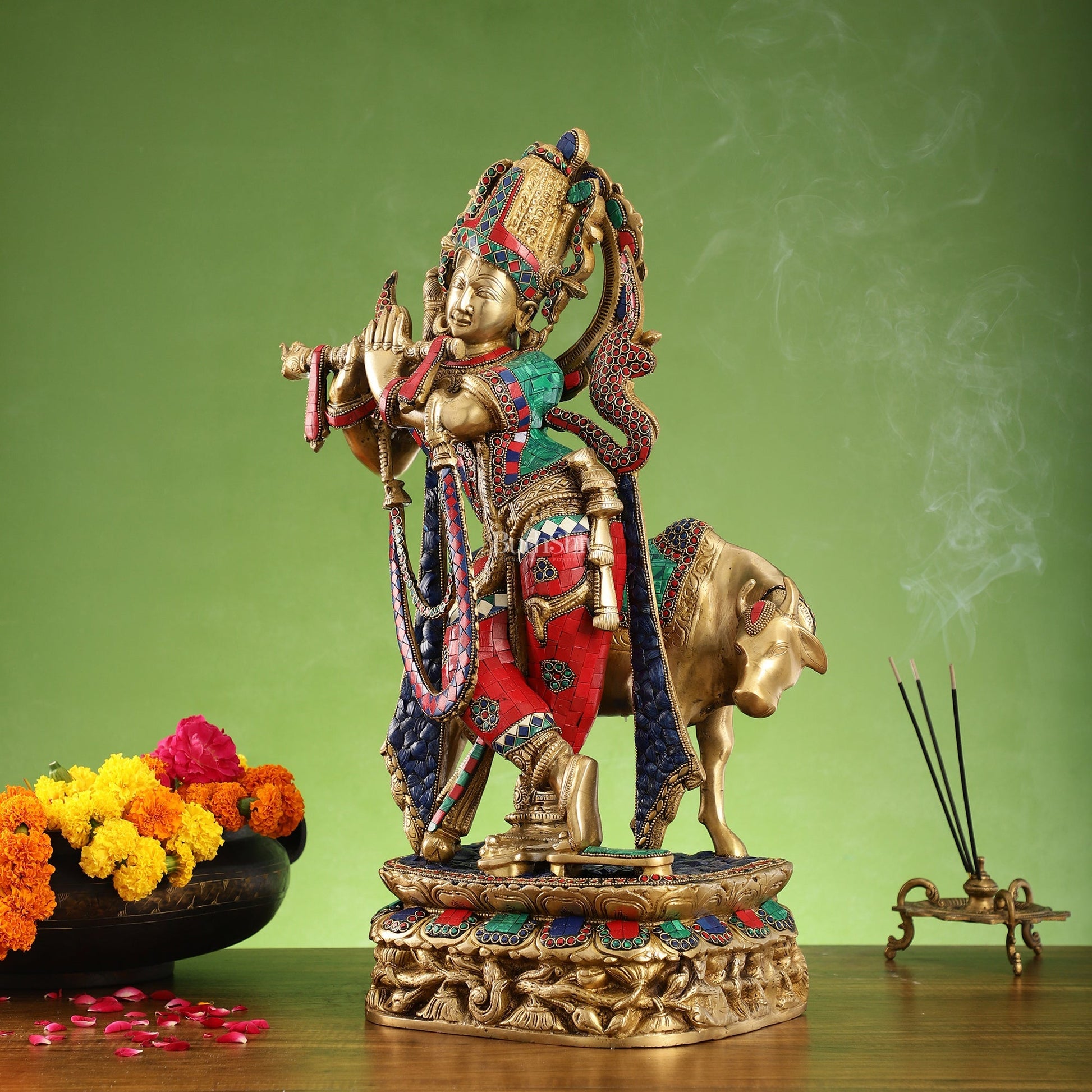 Brass Superfine Krishna with Cow Statue | with stonework | Height 24 Inch