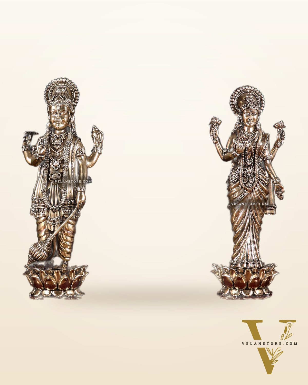 Brass Superfine Lakshmi Vishnu Pair with Diyas on Wooden Base 13 inch