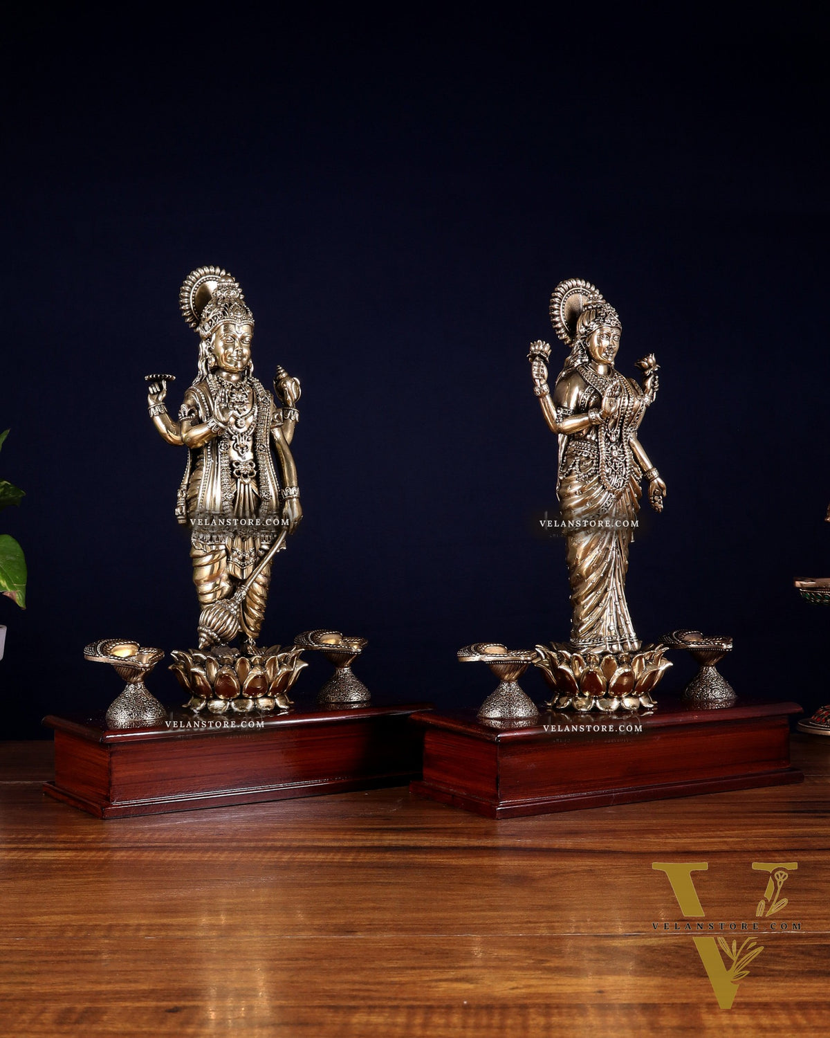 Brass Superfine Lakshmi Vishnu Pair with Diyas on Wooden Base 13 inch