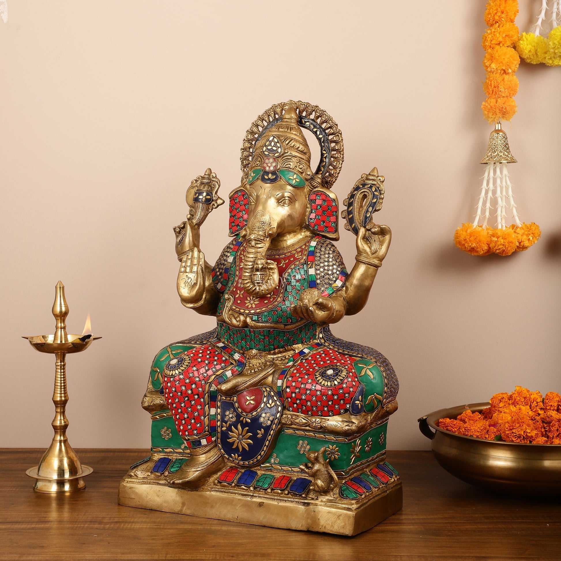 Handcrafted Brass Lord Ganesha Statue with Stonework – 24 Inches Tall