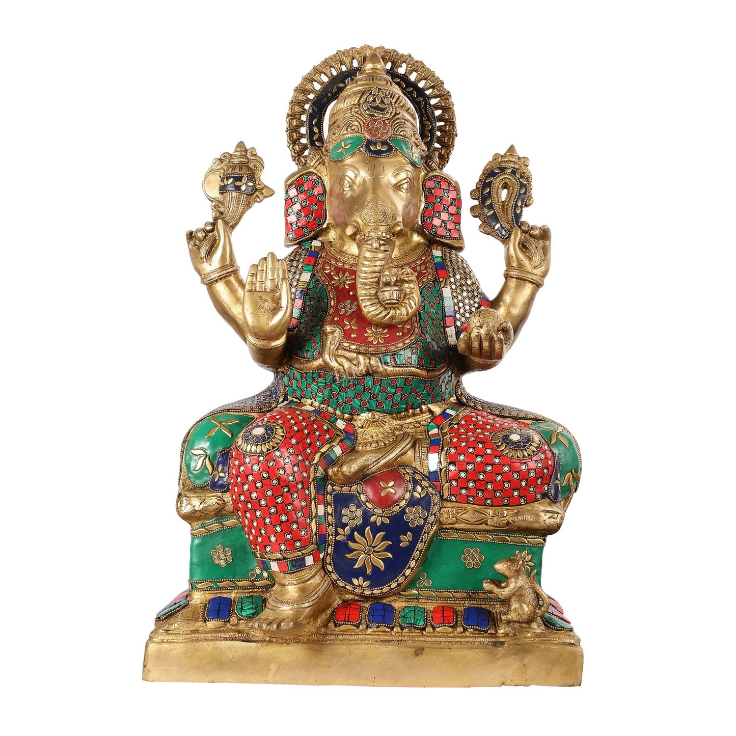 Handcrafted Brass Lord Ganesha Statue with Stonework – 24 Inches Tall