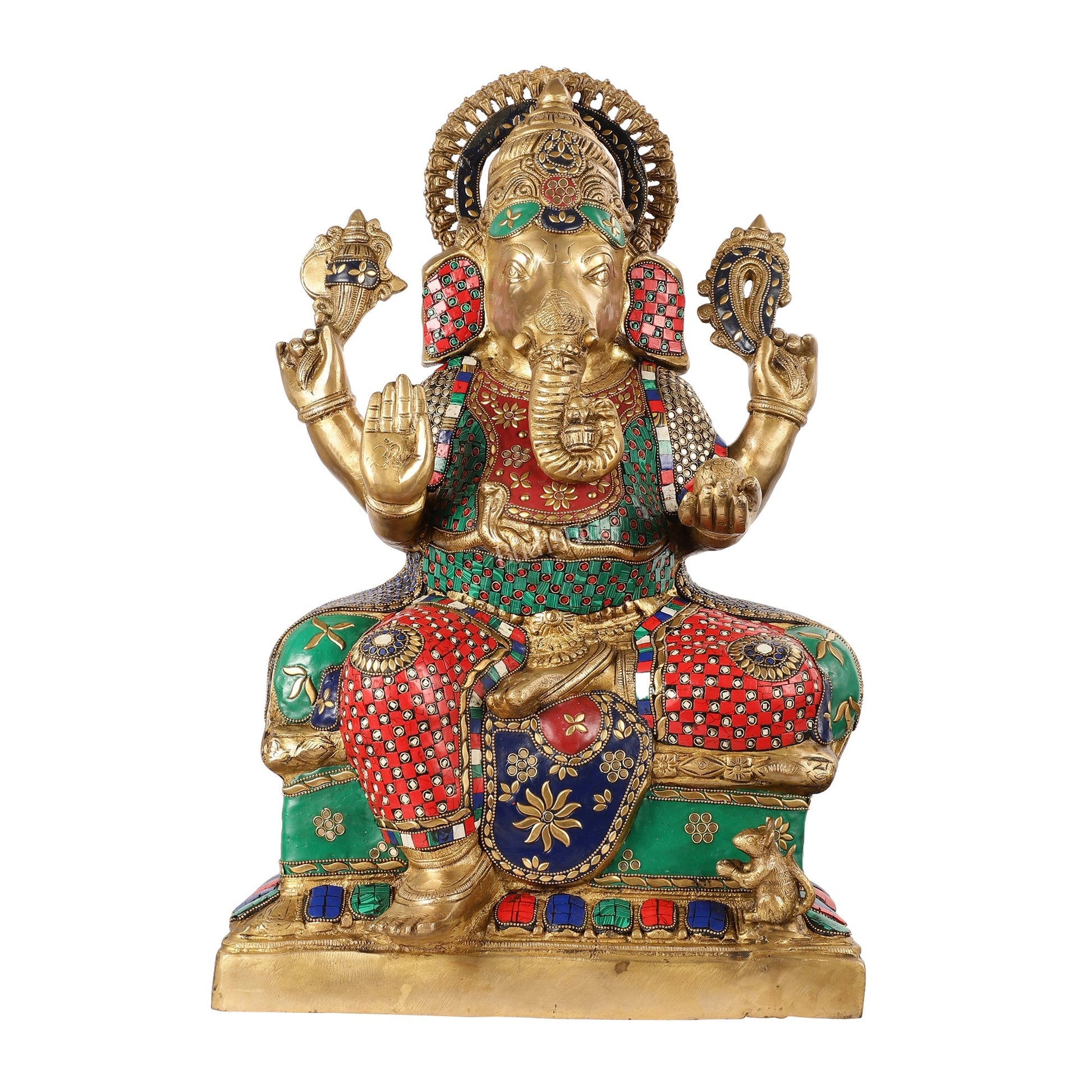 Handcrafted Brass Lord Ganesha Statue with Stonework – 24 Inches Tall