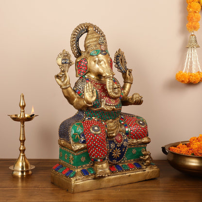 Handcrafted Brass Lord Ganesha Statue with Stonework – 24 Inches Tall