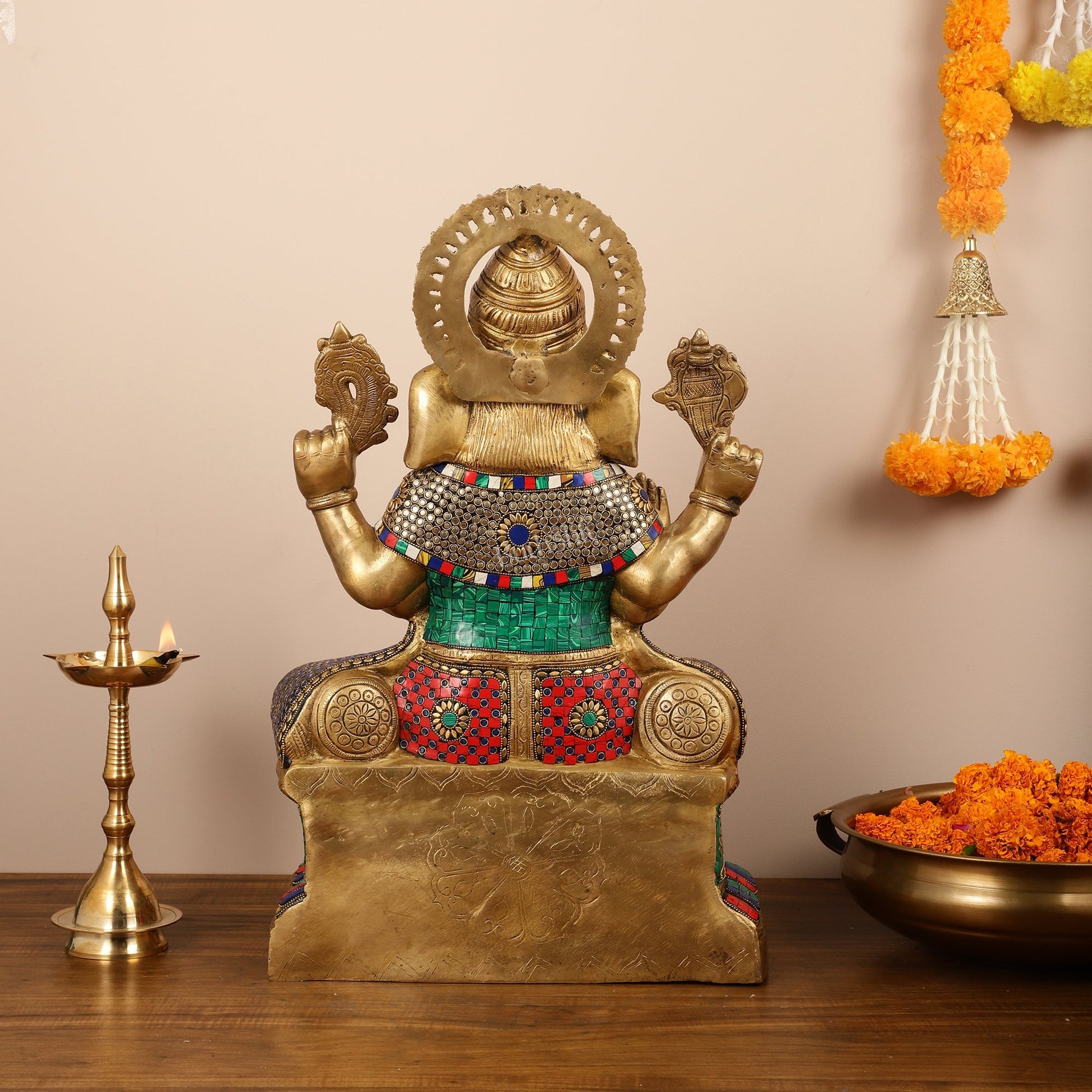 Handcrafted Brass Lord Ganesha Statue with Stonework – 24 Inches Tall