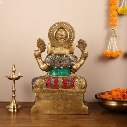 Handcrafted Brass Lord Ganesha Statue with Stonework – 24 Inches Tall