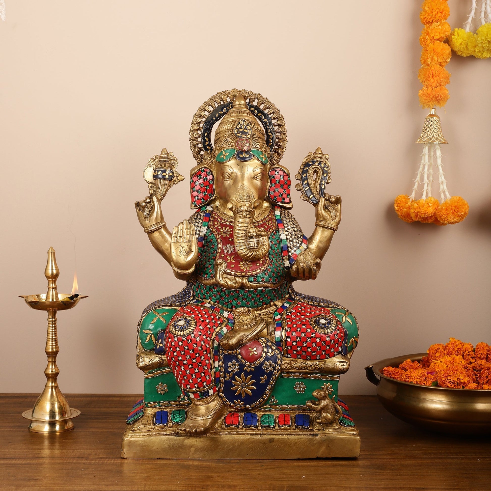 Handcrafted Brass Lord Ganesha Statue with Stonework – 24 Inches Tall