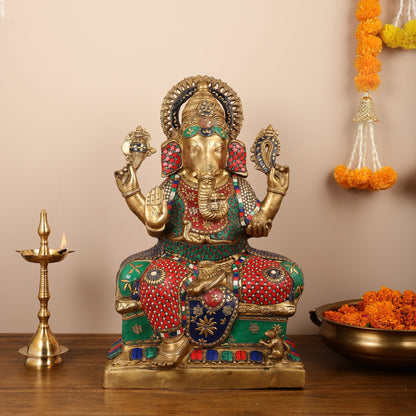 Handcrafted Brass Lord Ganesha Statue with Stonework – 24 Inches Tall