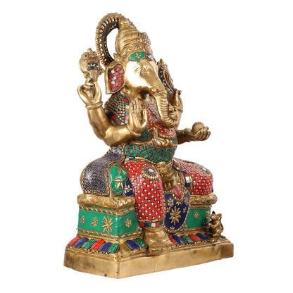 Handcrafted Brass Lord Ganesha Statue with Stonework – 24 Inches Tall