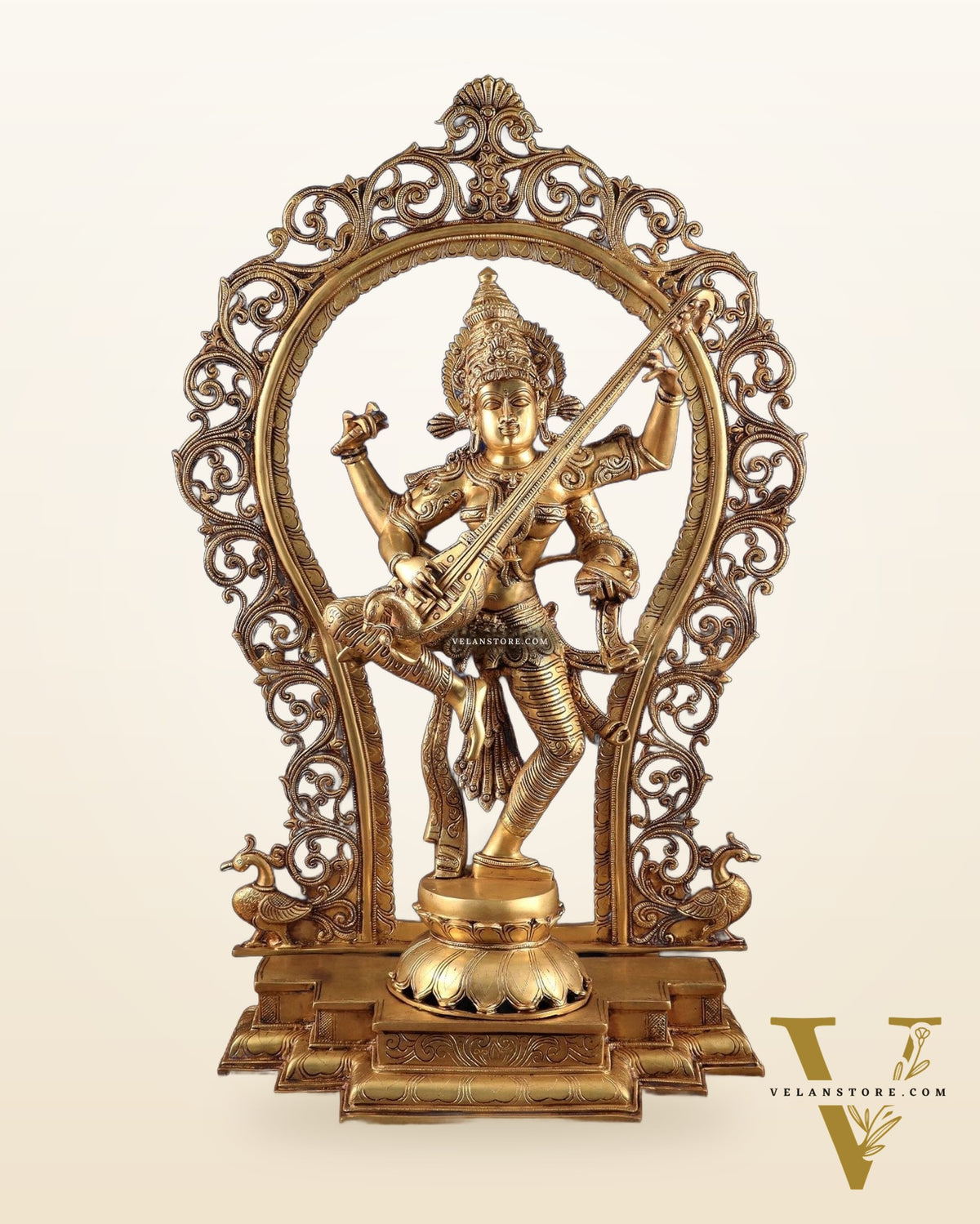 Brass Superfine Large Dancing Saraswati with Prabhavali – Handcrafted Masterpiece (BudhShiv Exclusive) 33"