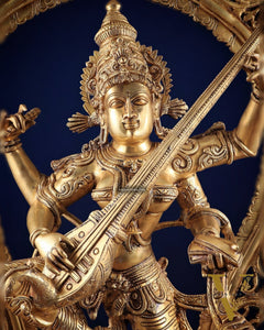 Brass Superfine Large Dancing Saraswati with Prabhavali – Handcrafted Masterpiece (BudhShiv Exclusive) 33"