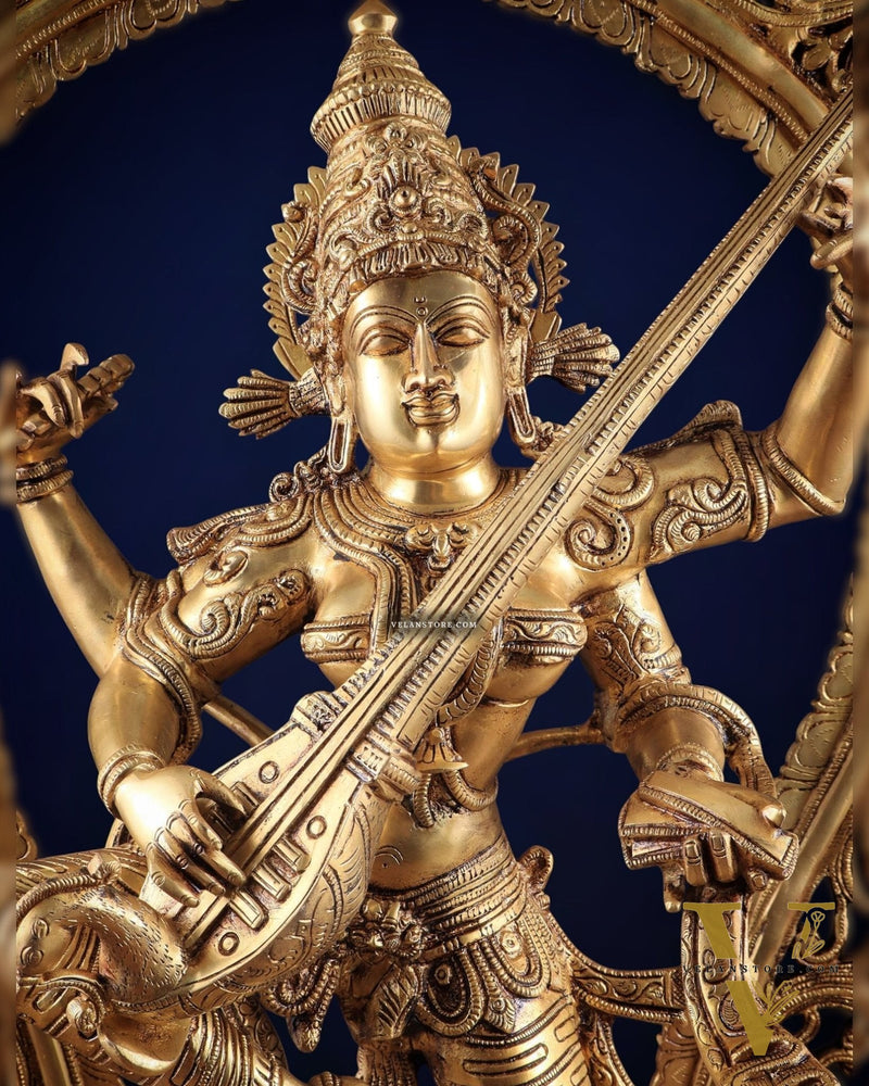 Brass Superfine Large Dancing Saraswati with Prabhavali – Handcrafted Masterpiece (BudhShiv Exclusive) 33"
