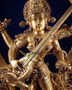 Brass Superfine Large Dancing Saraswati with Prabhavali – Handcrafted Masterpiece (BudhShiv Exclusive) 33"
