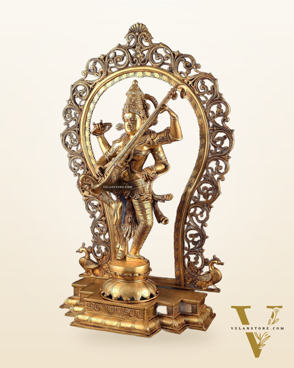 Brass Superfine Large Dancing Saraswati with Prabhavali – Handcrafted Masterpiece (BudhShiv Exclusive) 33"