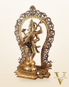 Brass Superfine Large Dancing Saraswati with Prabhavali – Handcrafted Masterpiece (BudhShiv Exclusive) 33"