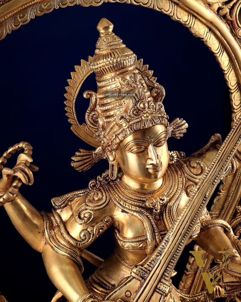Brass Superfine Large Dancing Saraswati with Prabhavali – Handcrafted Masterpiece (BudhShiv Exclusive) 33"