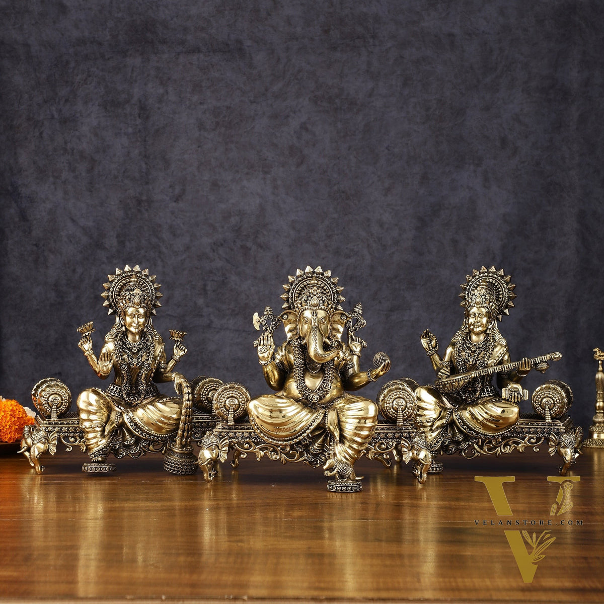 Brass Superfine Large Ganesha Lakshmi Saraswati Idol Set - 7 Inch