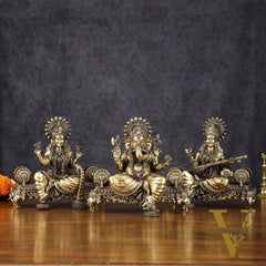 Brass Superfine Large Ganesha Lakshmi Saraswati Idol Set - 7 Inch